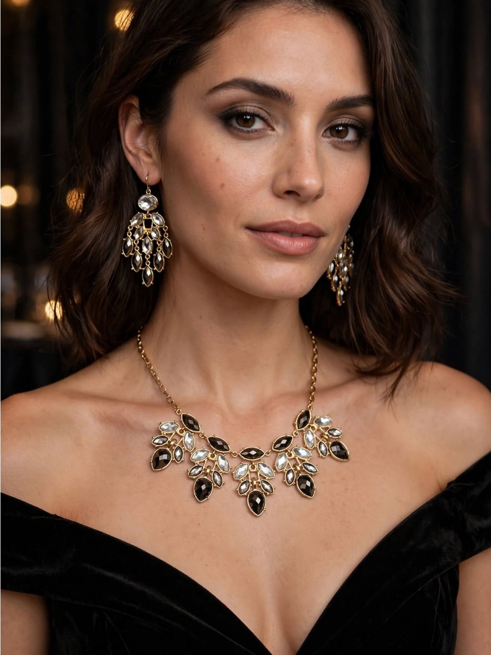 Statement Bib Necklace with Black and Clear Stones